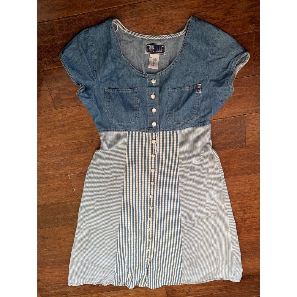 True Blue Vintage Denim Seersucker Mixed Pattern‎ Button Front Dress Blue 13/14